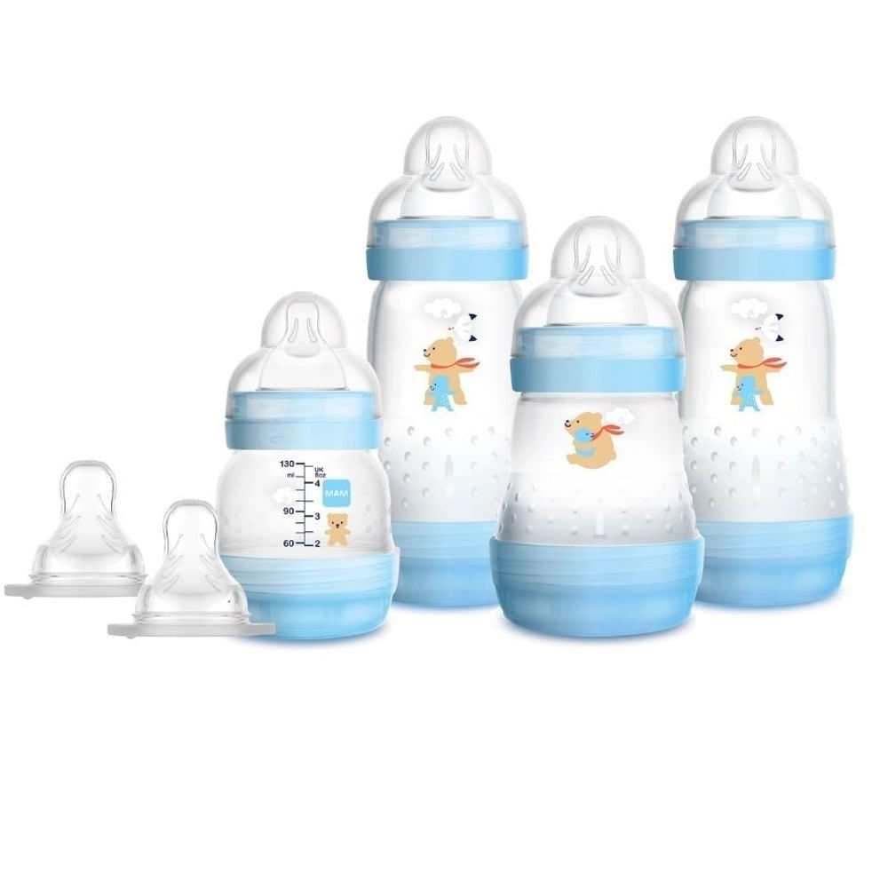 Kit 4 Mamadeiras + 2 Bicos Extras Easy Start Azul - MAM Menor preço em Kit 4 Mamadeiras + 2 Bicos Extras Easy Start Azul - MAM