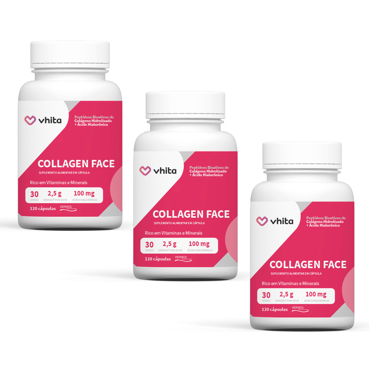 Kit 3 Collagen Face - Colágeno Hidrolisado Verisol, ácido Hialurônico E Vitaminas - 120 Cáps - Vhita