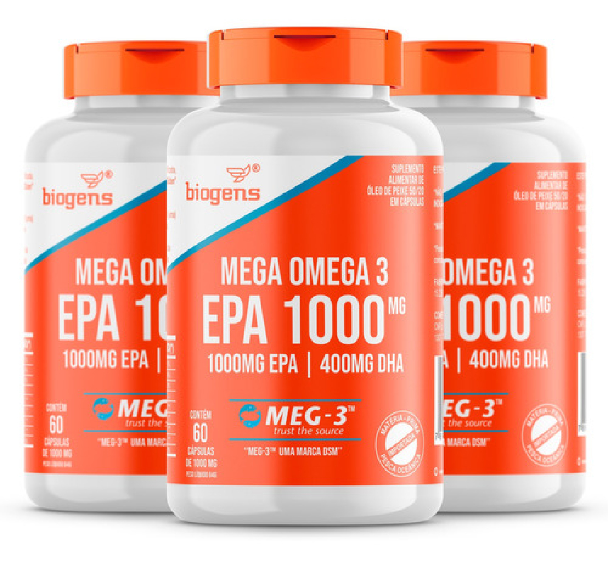 Kit 3X Mega Omega 3 Meg-3.Epa1000Mg Dha400Mg 60 Cps. Biogens Neutro Menor preço em Kit 3X Mega Omega 3 Meg-3.Epa1000Mg Dha400Mg 60 Cps. Biogens Neutro