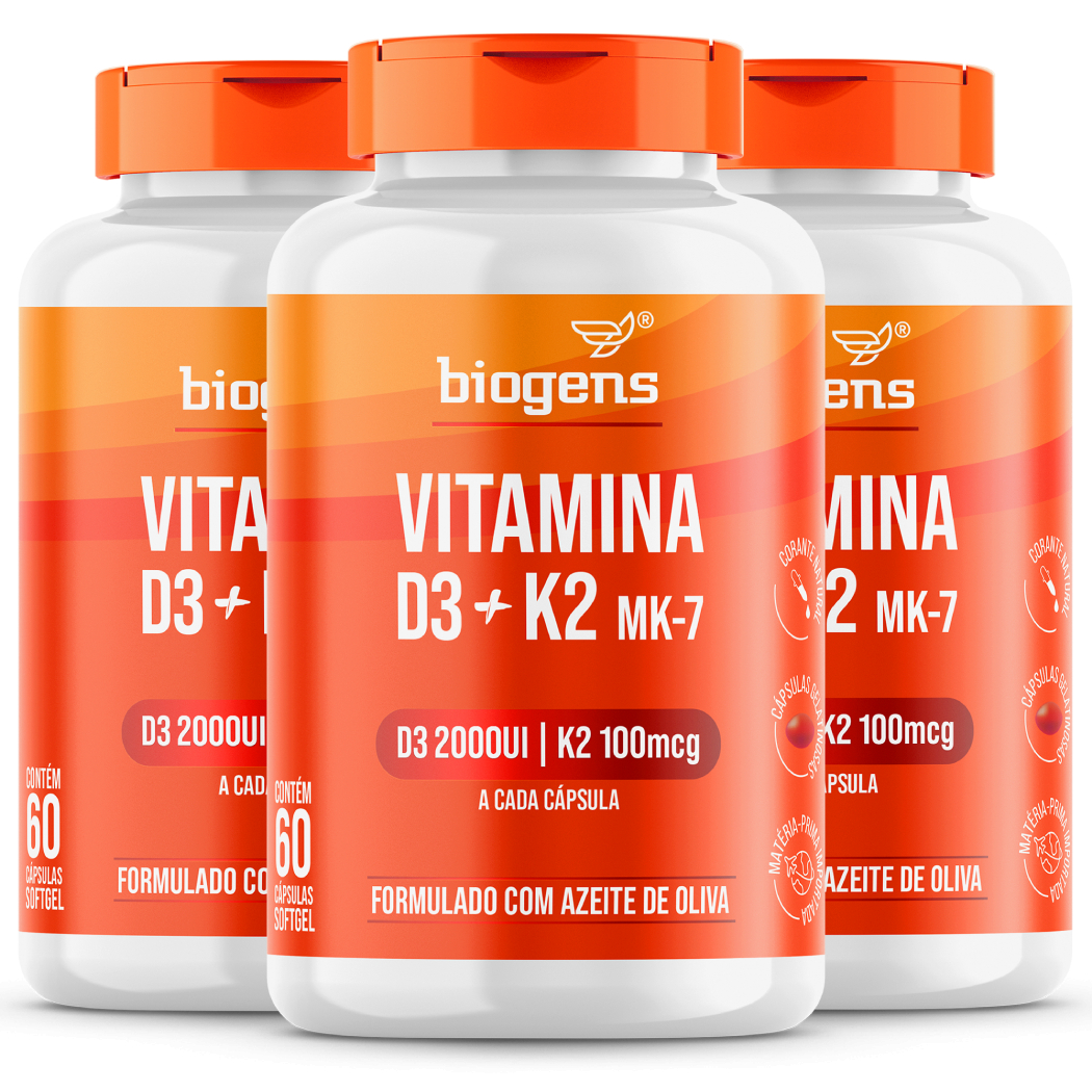 BIOGENS KIT 3X VITAMINA D3 2000UI + K2 MK7 100MCG AZEITE OLIVA 60 CAPS Menor preço em BIOGENS KIT 3X VITAMINA D3 2000UI + K2 MK7 100MCG AZEITE OLIVA 60 CAPS