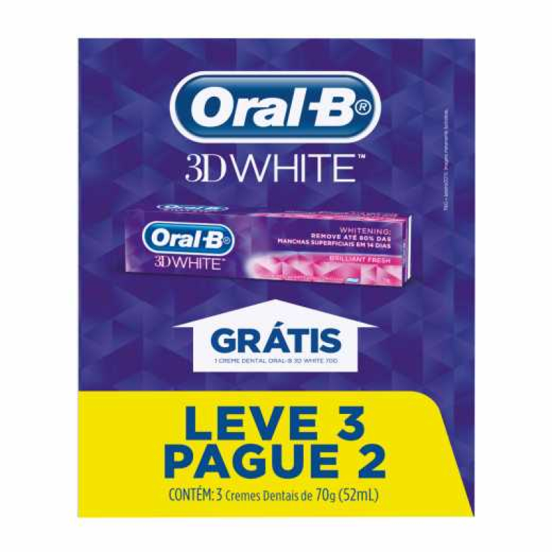 CREME DENTAL ORAL-B 3D WHITE PAGUE 2 E LEVE 3 UNIDADES 70G