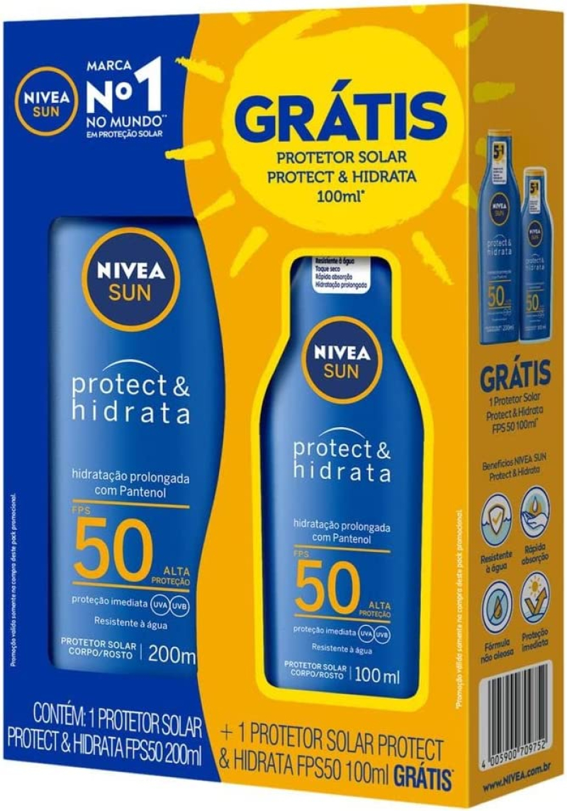 KIT PROTETOR SOLAR CORPORAL 50FPS 200ML + 100ML NIVEA SUN Menor preço em KIT PROTETOR SOLAR CORPORAL 50FPS 200ML + 100ML NIVEA SUN