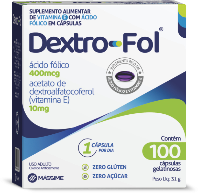 DEXTRO-FOL ÁCIDO FóLICO E VITAMINA E- 100 CáPS. - MASSIME Menor preço em DEXTRO-FOL ÁCIDO FóLICO E VITAMINA E- 100 CáPS. - MASSIME