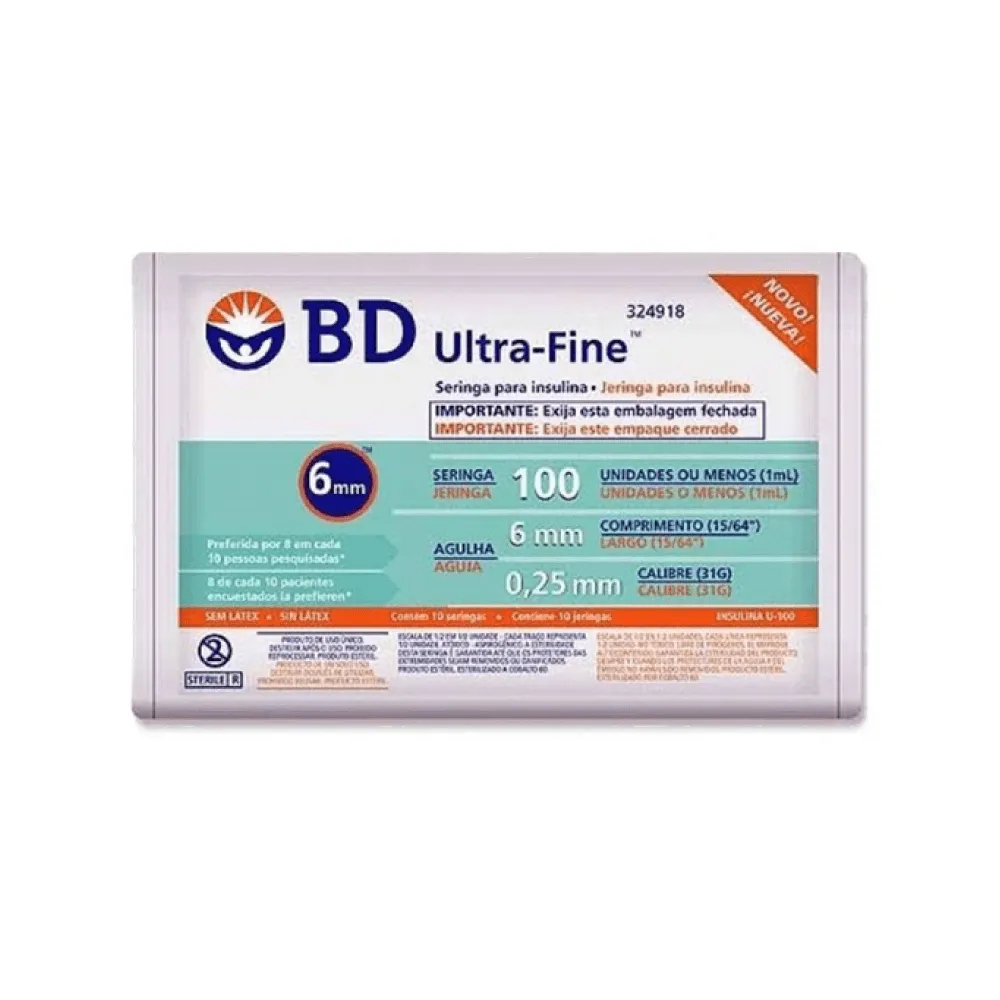 SERINGA ULTRAFINE BD - 100UI C/AG 6X0,25MM - PACOTE COM 10 UNIDADES