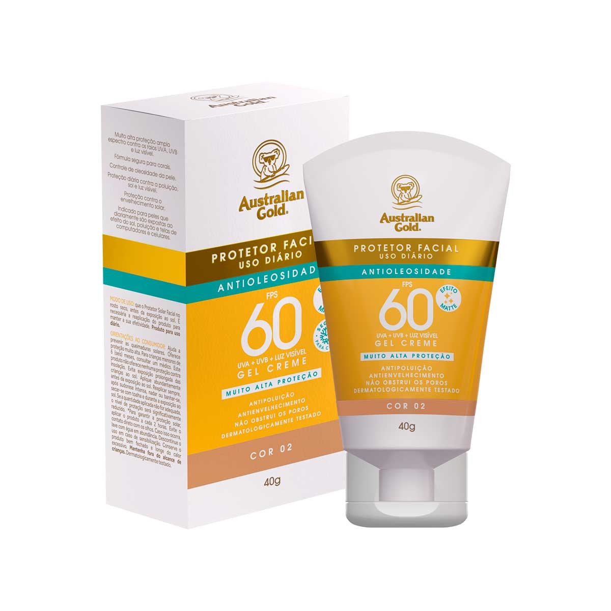 Protetor Solar Facial Australian Gold Antioleosidade FPS60 Cor 02 com 40g