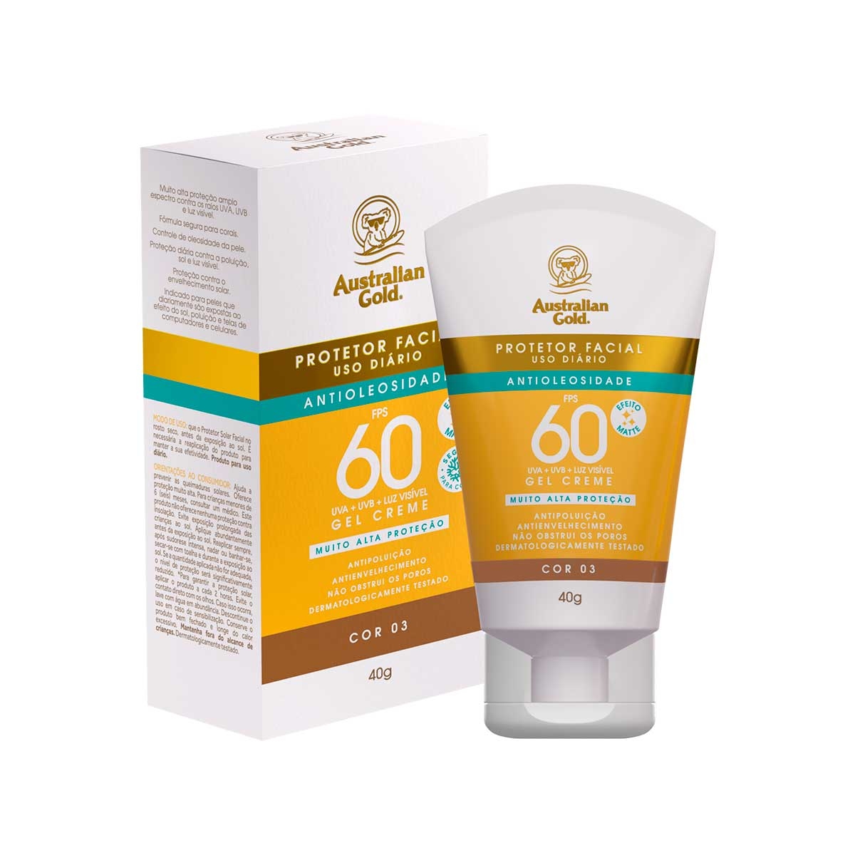 Protetor Solar Facial Australian Gold Antioleosidade FPS60 Cor 03 com 40g 40g