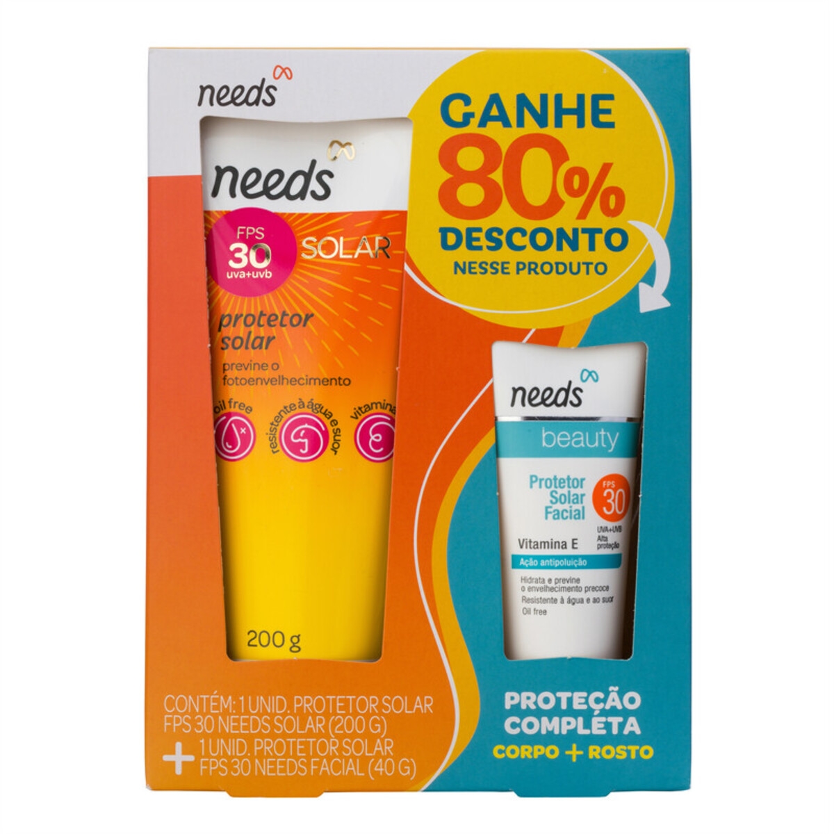 Kit Needs Proteção Completa - Protetor Solar FPS 30 200g + Protetor Solar Facial FPS 30 - 40g Menor preço em Kit Needs Proteção Completa - Protetor Solar FPS 30 200g + Protetor Solar Facial FPS 30 - 40g