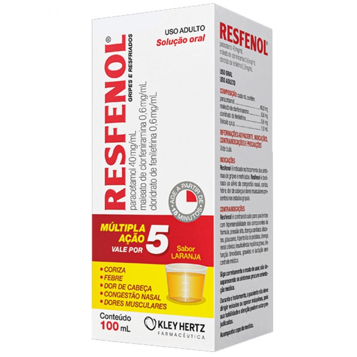Resfenol Paracetamol + Cloridrato Fenillefrina + Maleato de Clorfeniramina Sabor Laranja Solução Oral 100ml