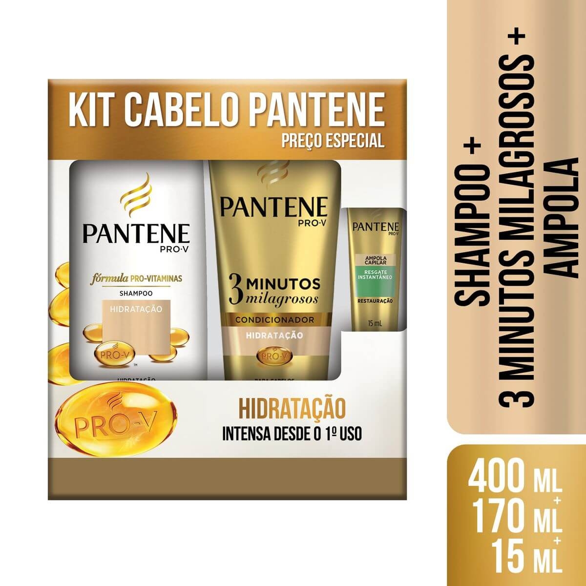 Pantene Kit Shampoo Hidratação + Condicionador 3 Minutos Milagrosos Hidratação + mpola Restauração Grátis 1 Unidade