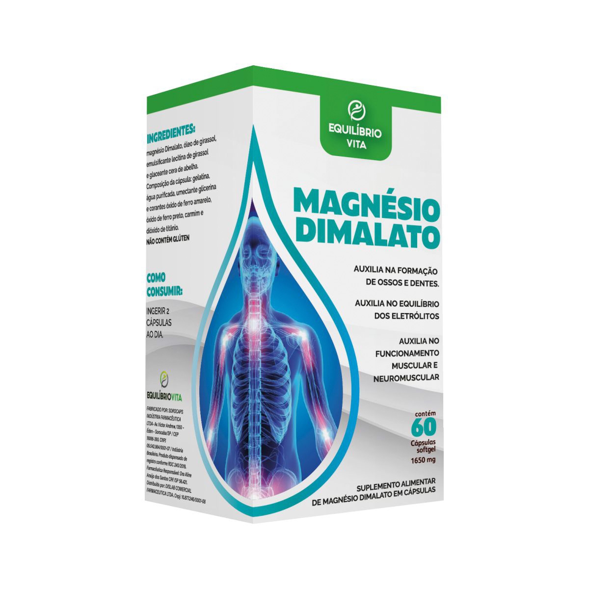 Suplemento Alimentar Magnésio Dimalato 1650mg Equilíbrio Vita Com 60 ...