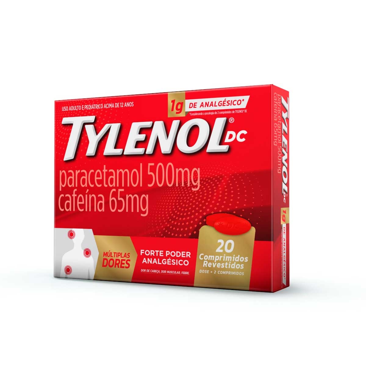 Tylenol DC Múltiplas Dores Paracetamol 1g + Cafeína 130mg - 20 comprimidos