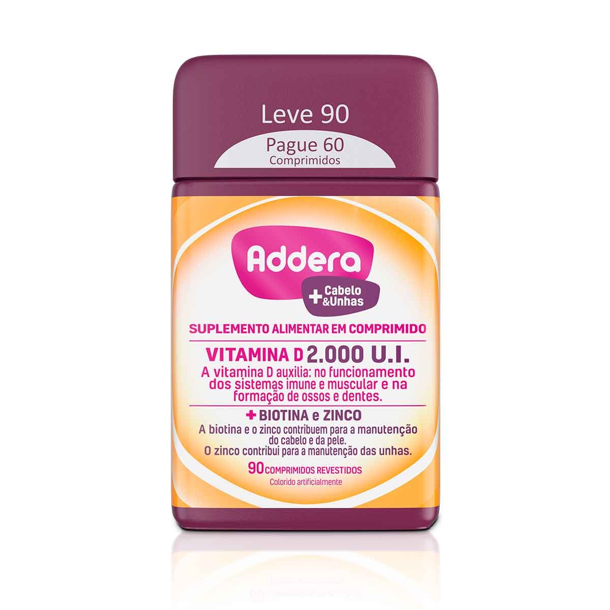 Vitamina D Addera 2.000UI Cabelo & Unhas com 90 comprimidos 90 ...