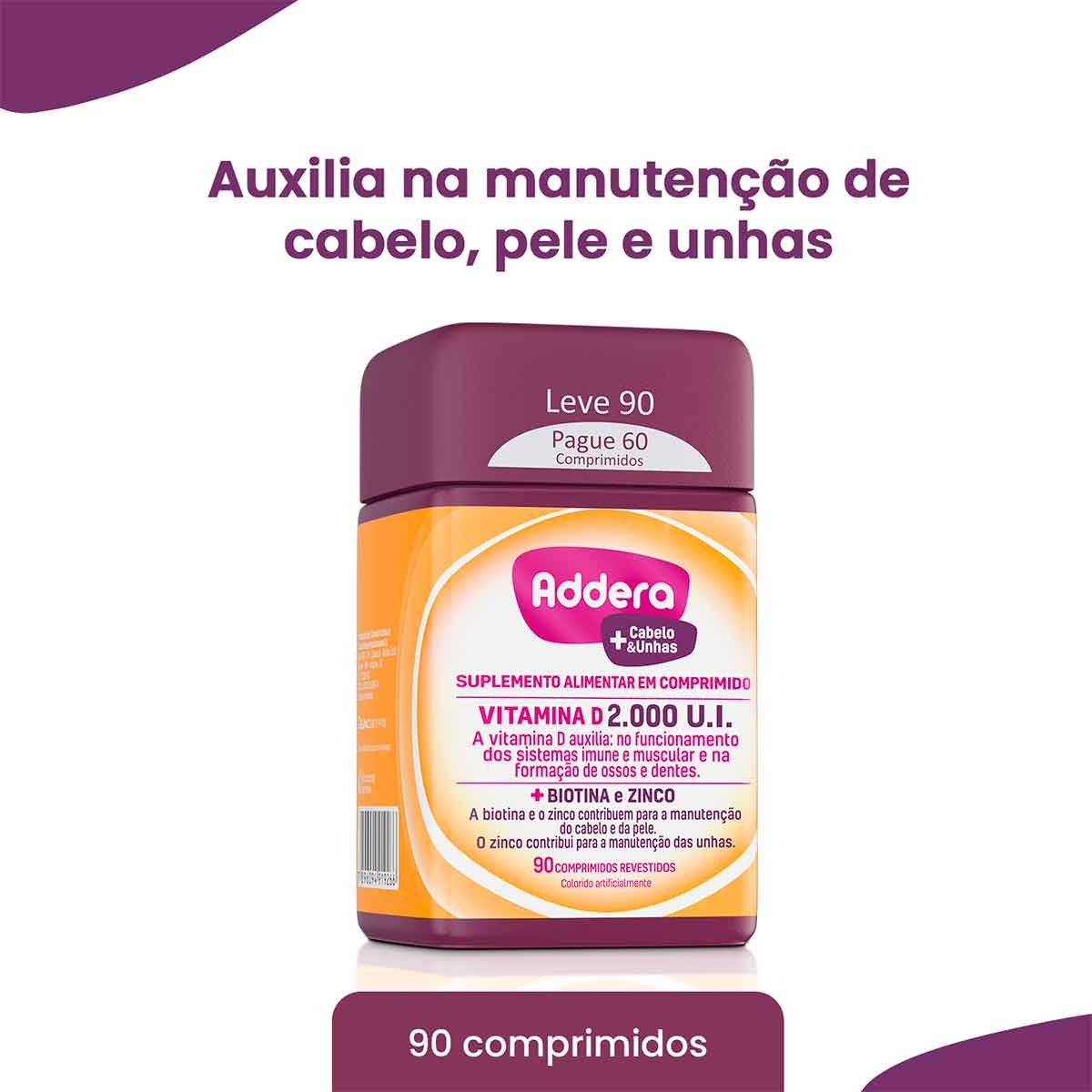Vitamina D Addera 2.000UI Cabelo & Unhas com 90 comprimidos 90 ...