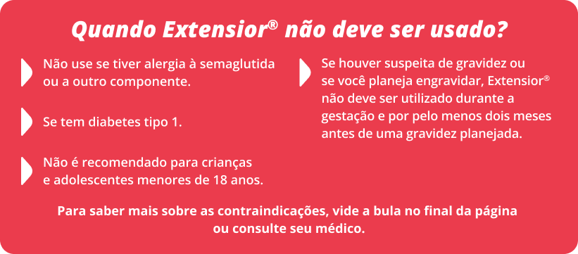 Quando Extensior® não deve ser usado? Não use se tiver alergia à semaglutida ou a outro componente. Se tem diabetes tipo 1. Se houver suspeita de gravidez ou se você planeja engravidar, Extensior® não deve ser utilizado durante a gestação e por pelo menos dois meses antes de uma gravidez planejada. Não é recomendado para crianças e adolescentes menores de 18 anos. Para saber mais sobre as contraindicações, vide a bula no final da página ou consulte seu médico.